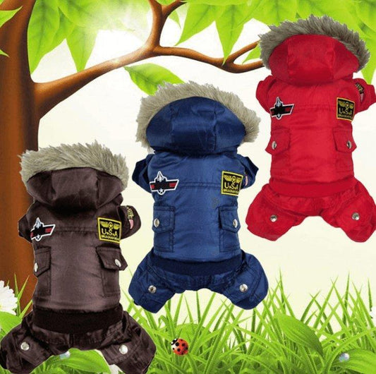 Three dog coats in red, blue, and brown with fur-lined hoods on a nature-themed background.