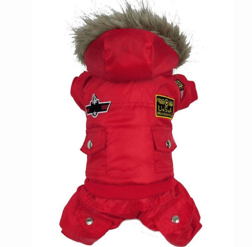 Red dog coat with fur hood and patches on a white background